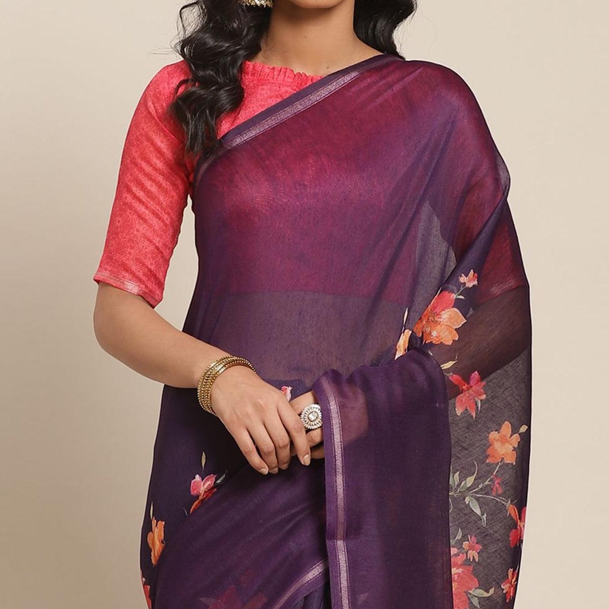 Energetic Violet Colored Casual Wear Printed Cotton Blend Saree