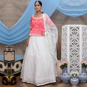 Energetic White-Pink Colored Party Wear Embroidered Net Lehenga Choli
