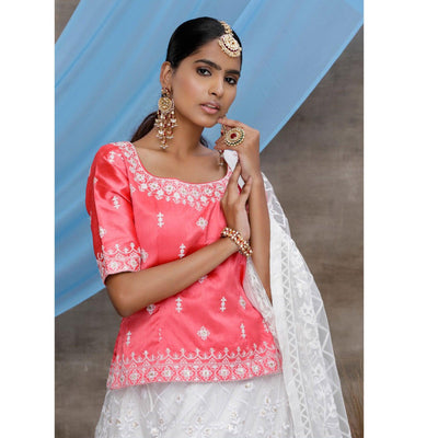 Energetic White-Pink Colored Party Wear Embroidered Net Lehenga Choli