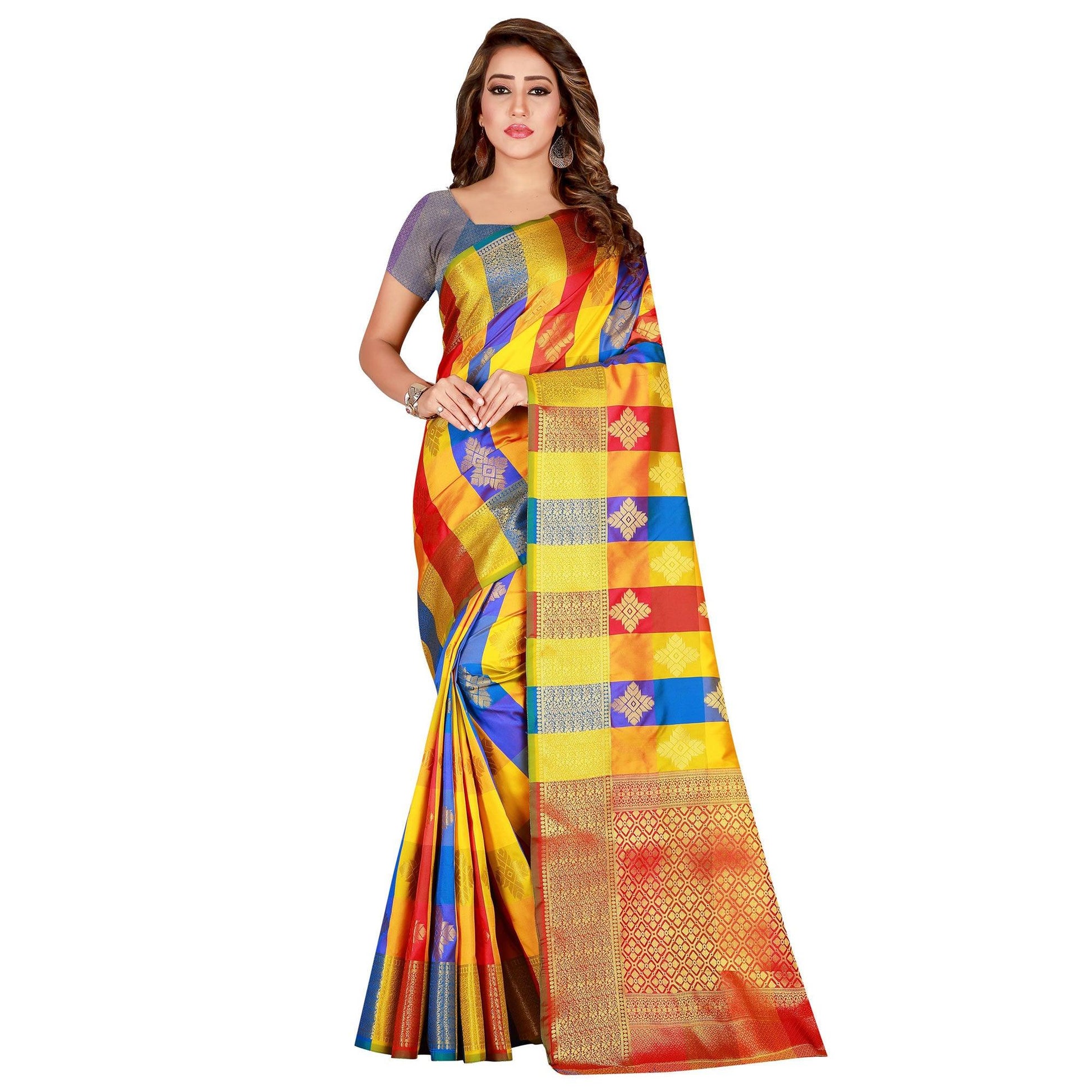 Energetic Yellow-Blue Colored festive Wear Banarasi Silk Saree