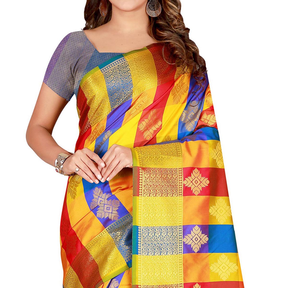 Energetic Yellow-Blue Colored festive Wear Banarasi Silk Saree