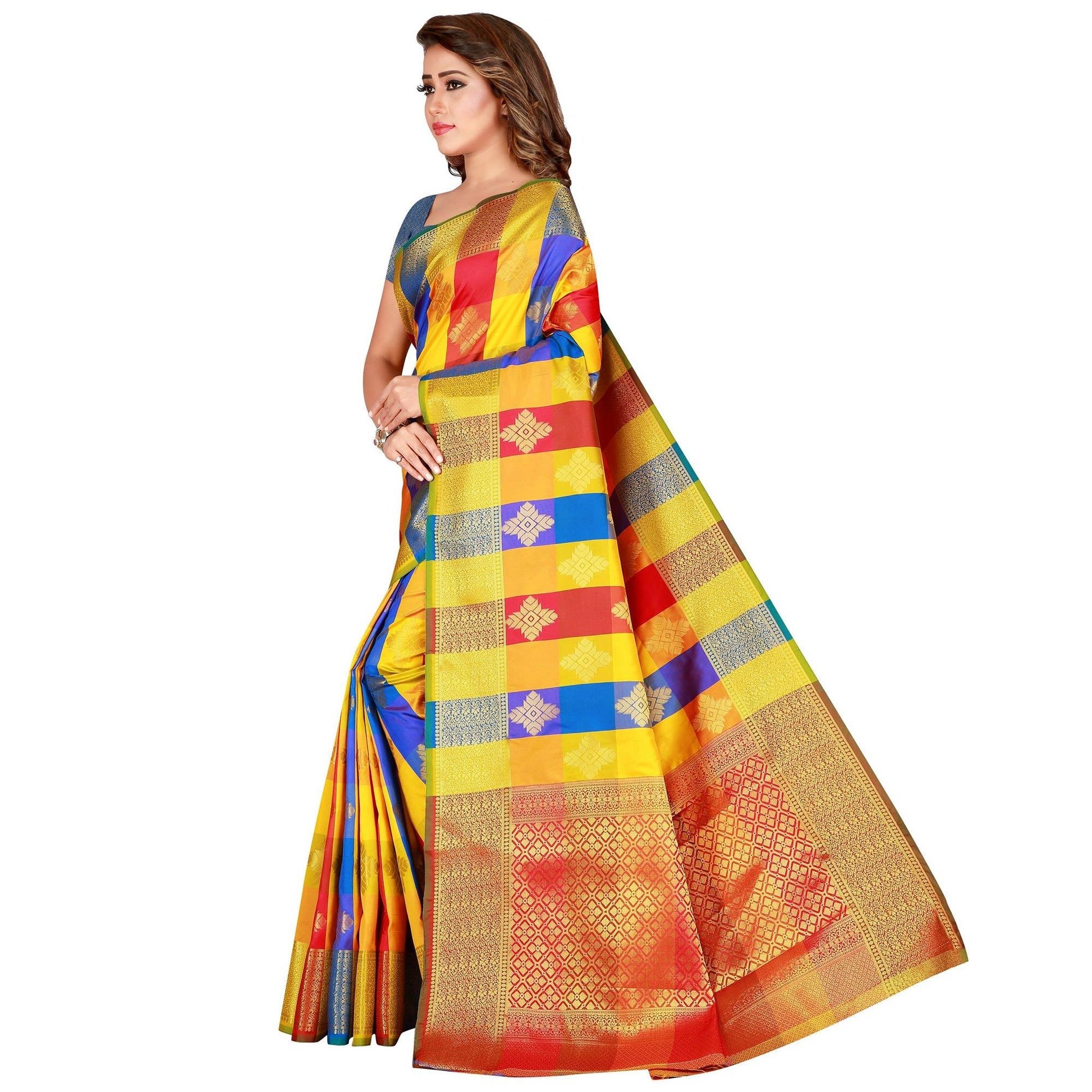 Energetic Yellow-Blue Colored festive Wear Banarasi Silk Saree