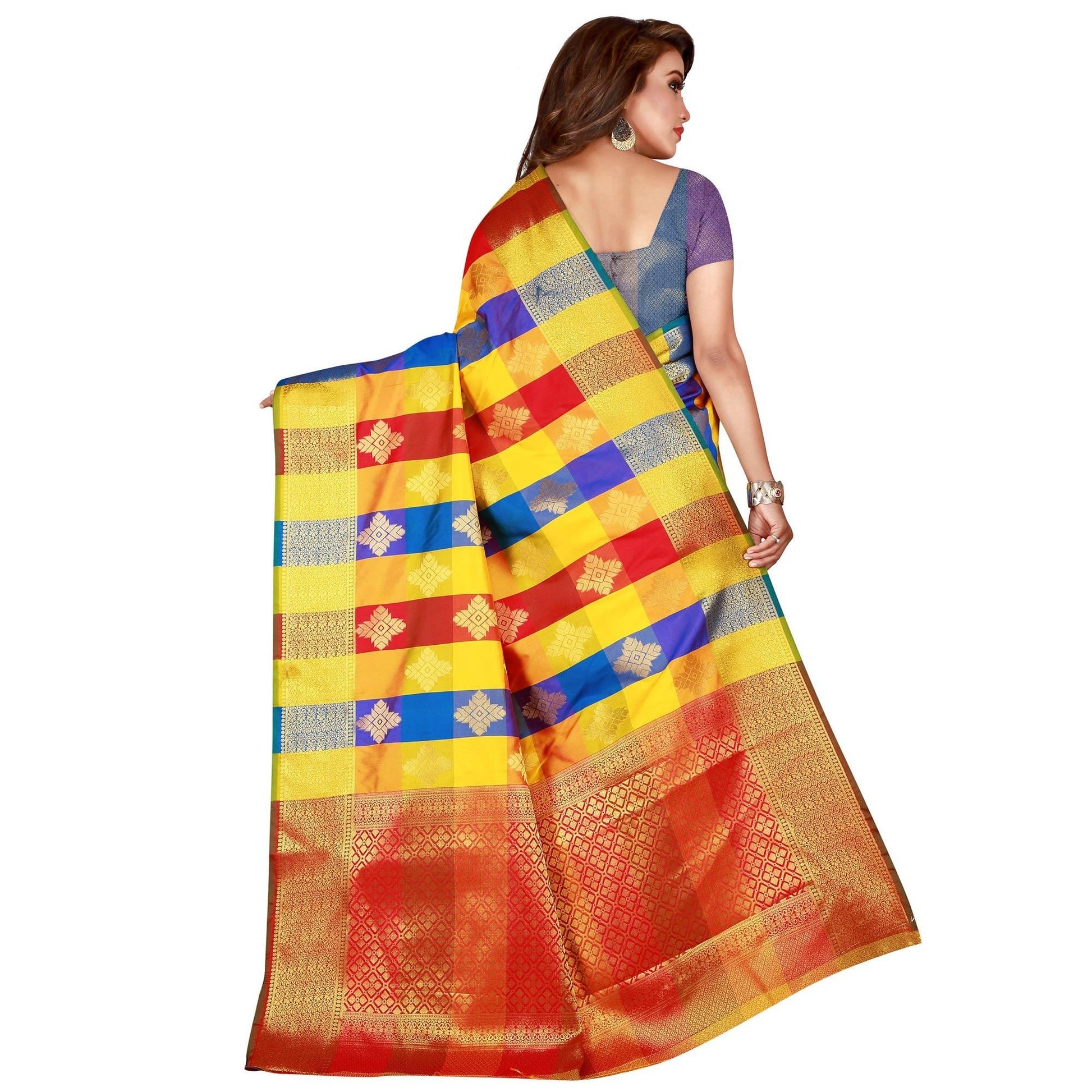 Energetic Yellow-Blue Colored festive Wear Banarasi Silk Saree