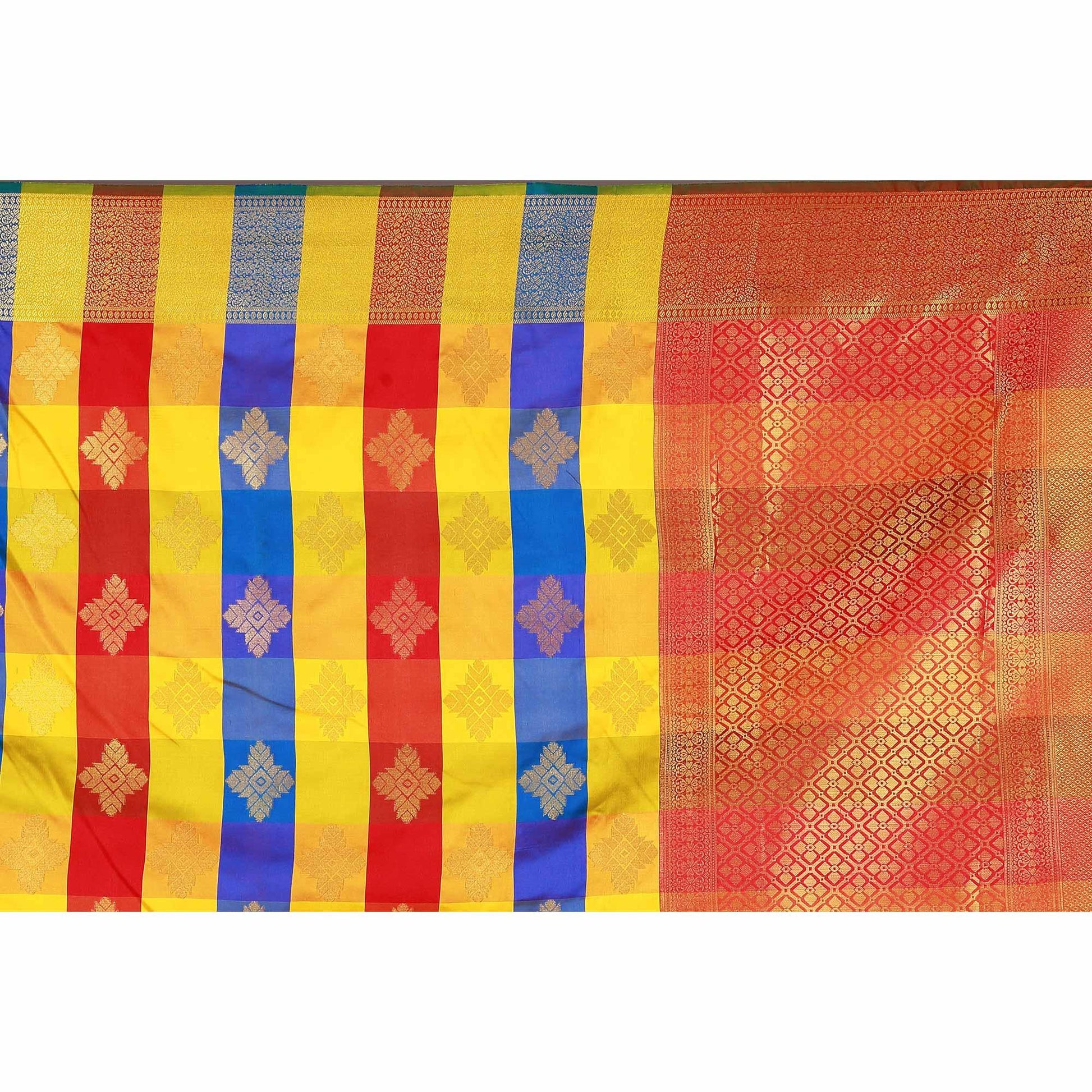 Energetic Yellow-Blue Colored festive Wear Banarasi Silk Saree