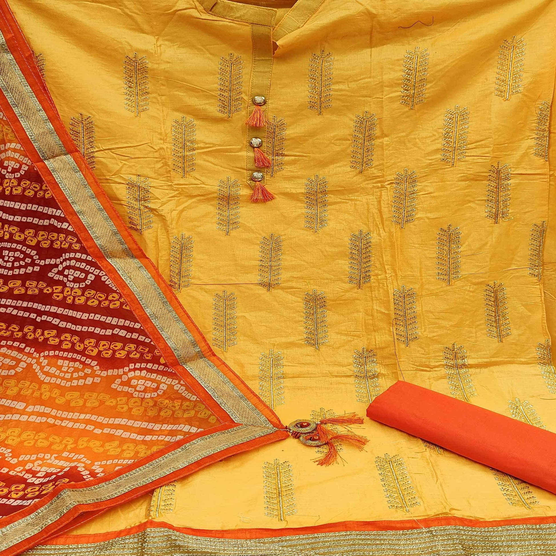 Energetic Yellow Colored Casual Wear Embroidered Cotton Dress Material