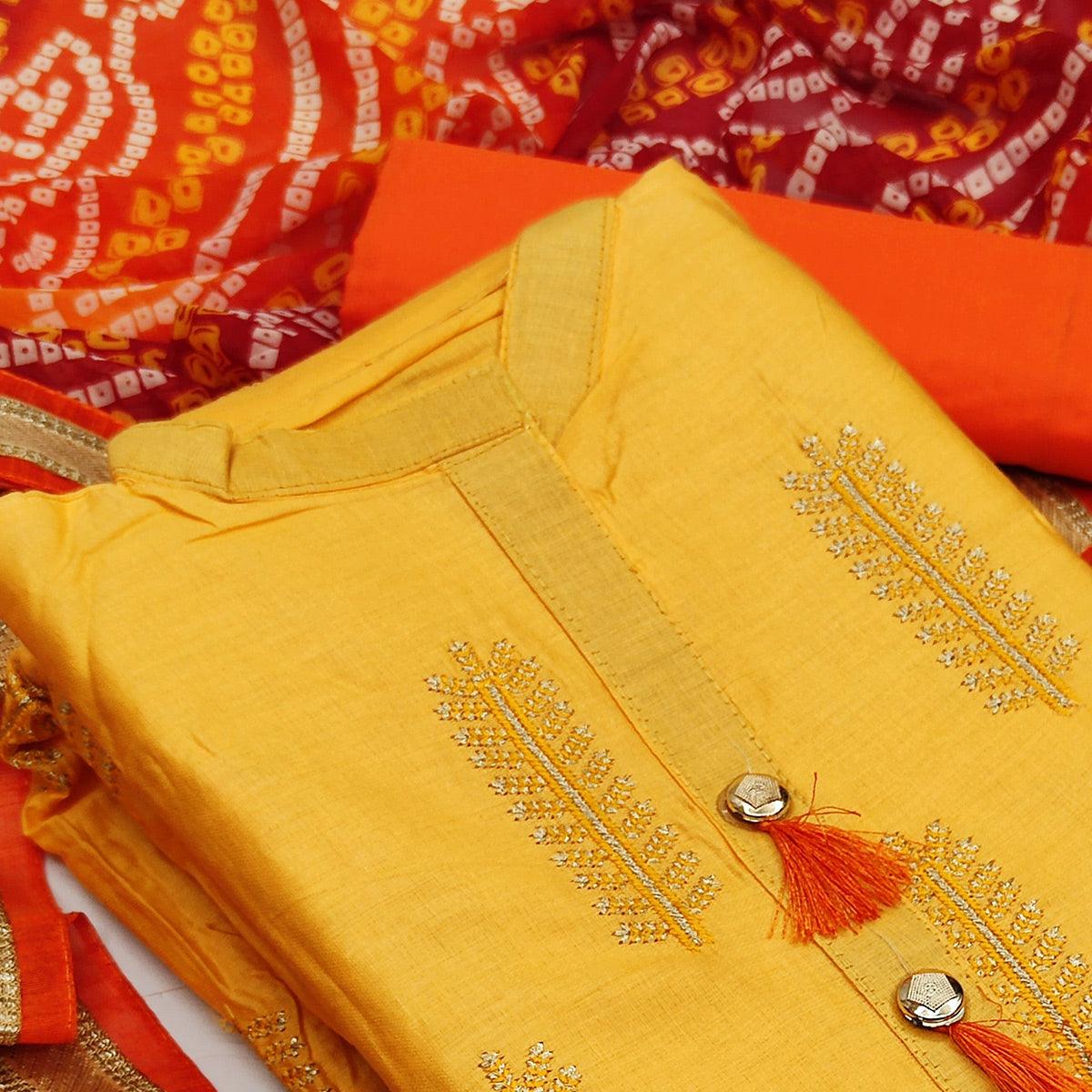Energetic Yellow Colored Casual Wear Embroidered Cotton Dress Material