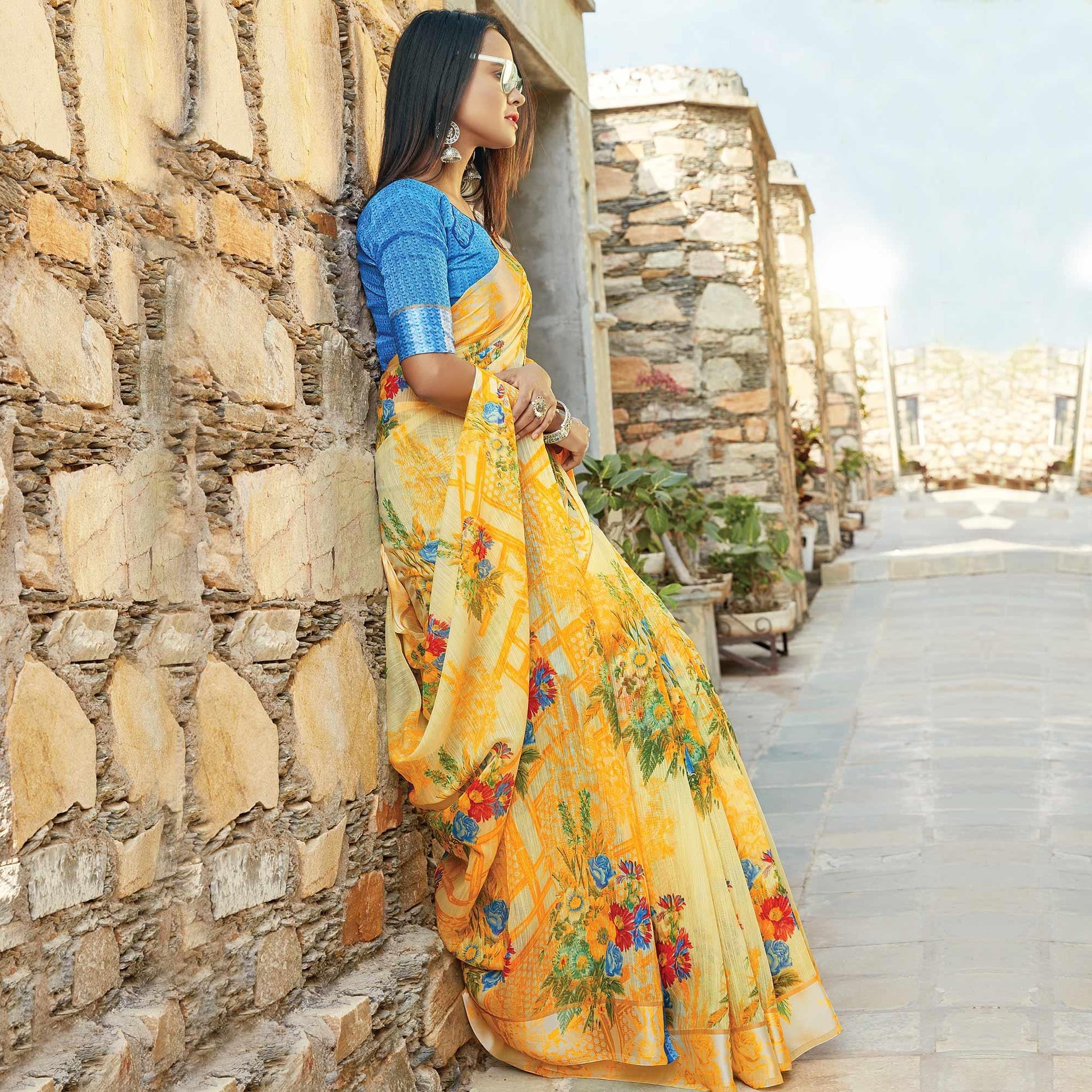 Energetic Yellow Colored Casual Wear Printed Cotton Saree