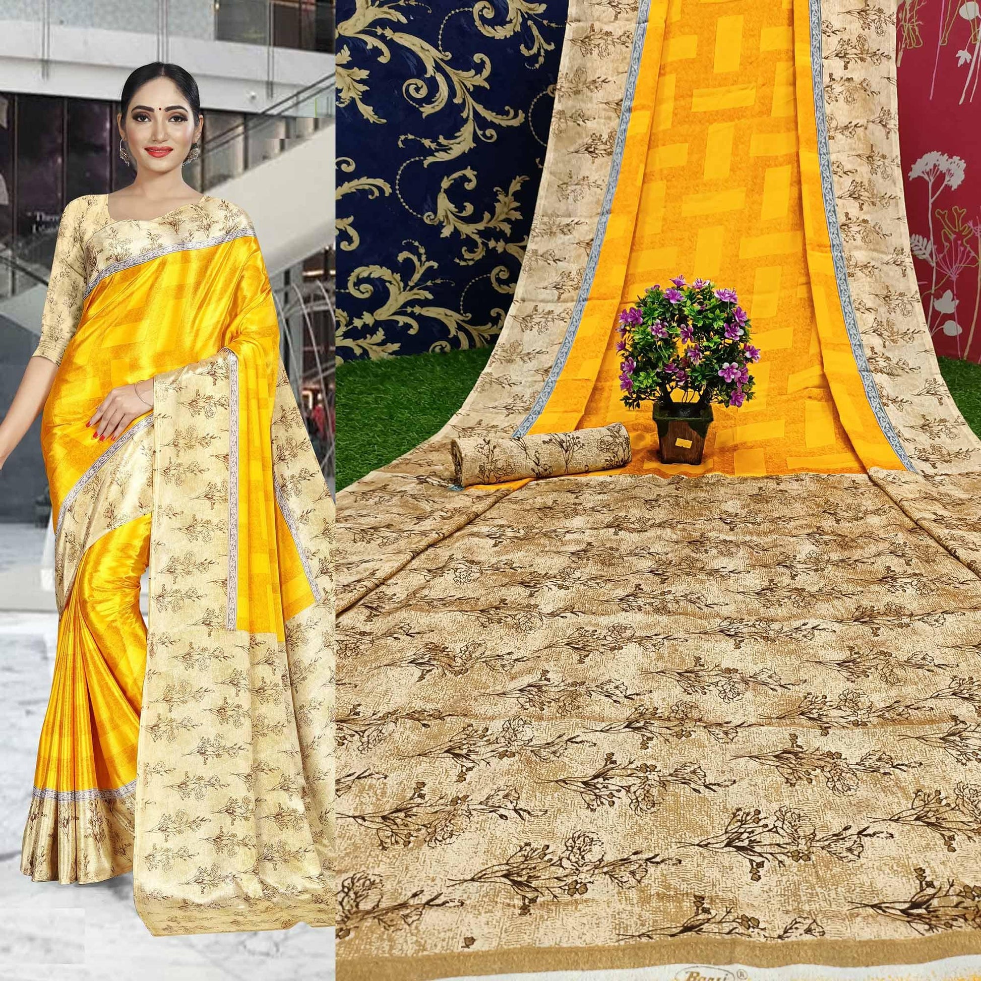 Energetic Yellow Colored Casual Wear Printed Crepe Saree