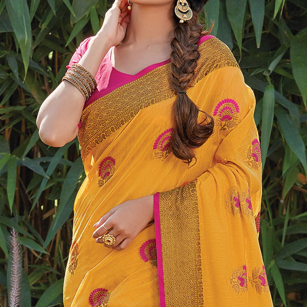 Energetic Yellow Colored Festive Wear Woven Cotton Handloom Saree