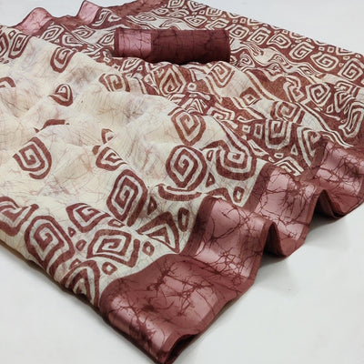 English Orange Casual Wear Digital Printed Pure Linen Saree