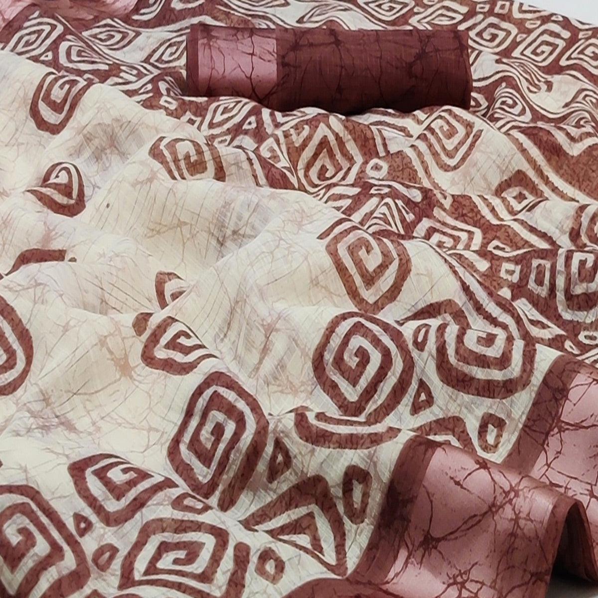 English Orange Casual Wear Digital Printed Pure Linen Saree