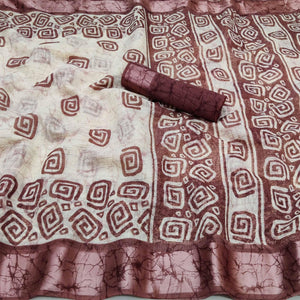 English Orange Casual Wear Digital Printed Pure Linen Saree