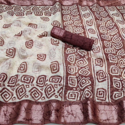 English Orange Casual Wear Digital Printed Pure Linen Saree