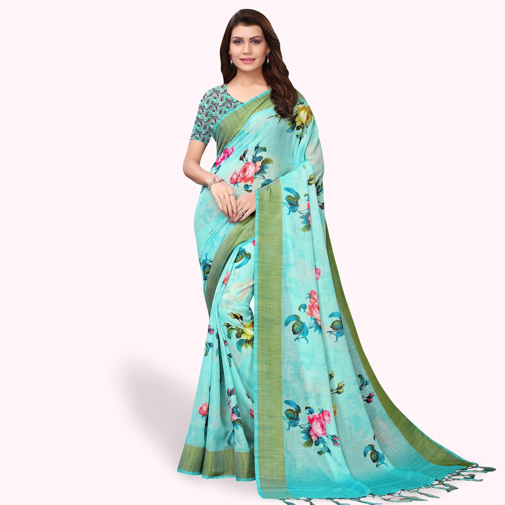 Engrossing Aqua Blue Colored Casual Wear Printed Linen Saree