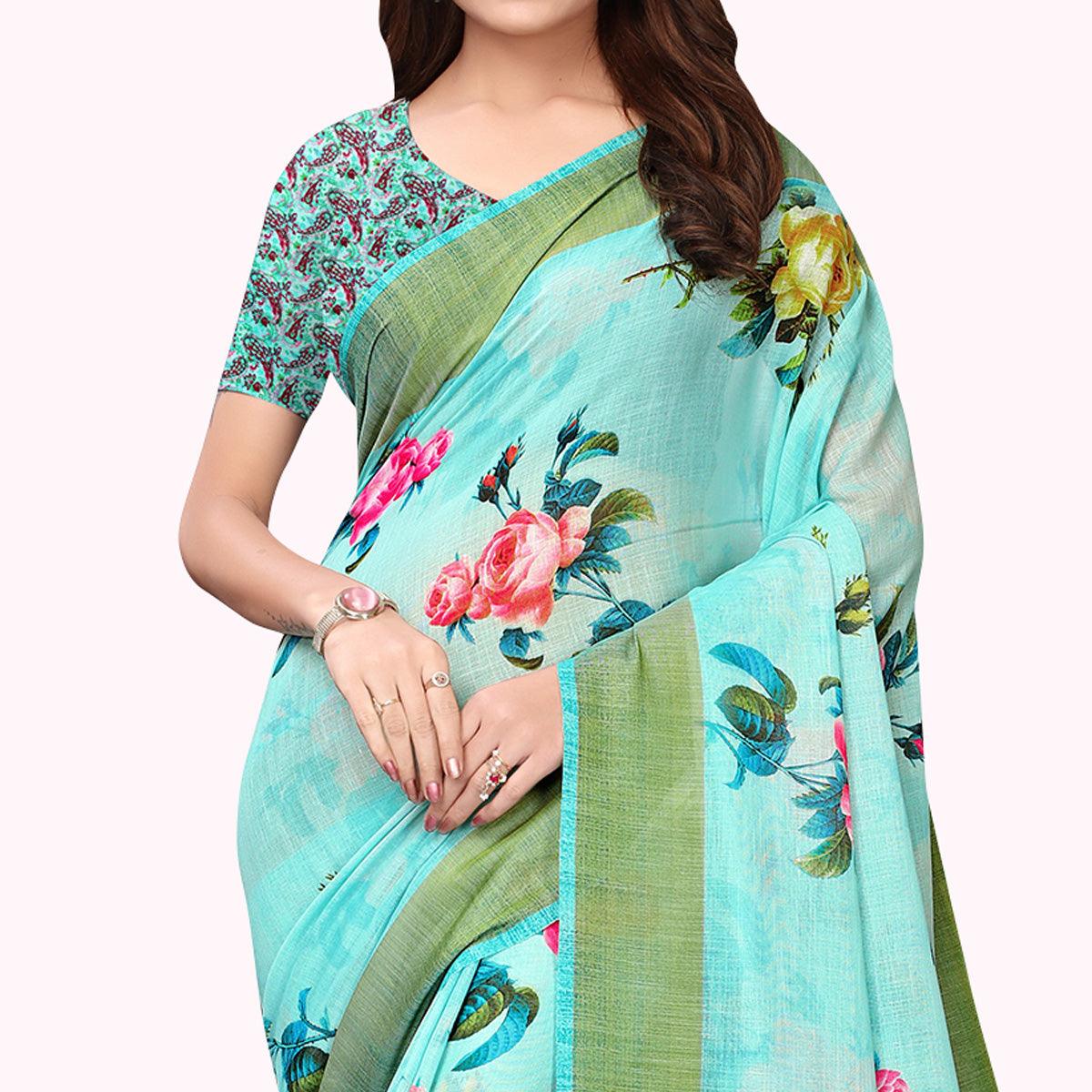 Engrossing Aqua Blue Colored Casual Wear Printed Linen Saree