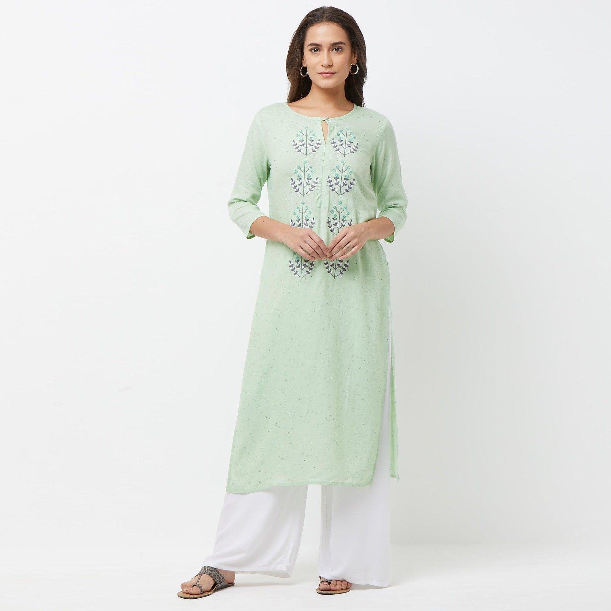 Engrossing Aqua Green Colored Partywear Embroidered Cotton Long Kurti