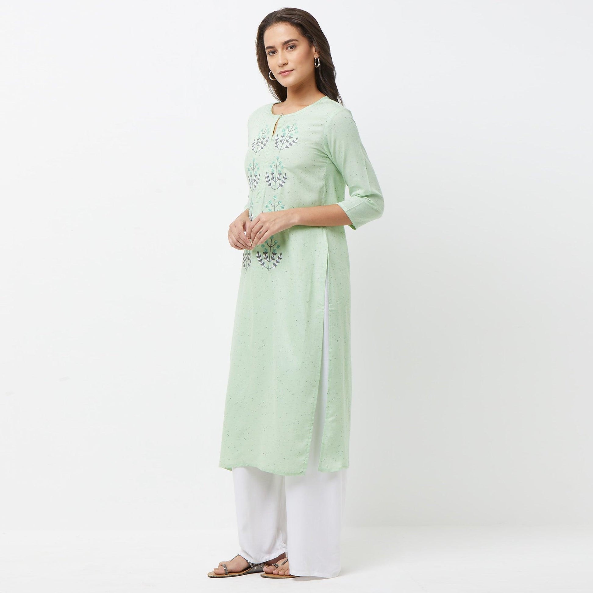 Engrossing Aqua Green Colored Partywear Embroidered Cotton Long Kurti