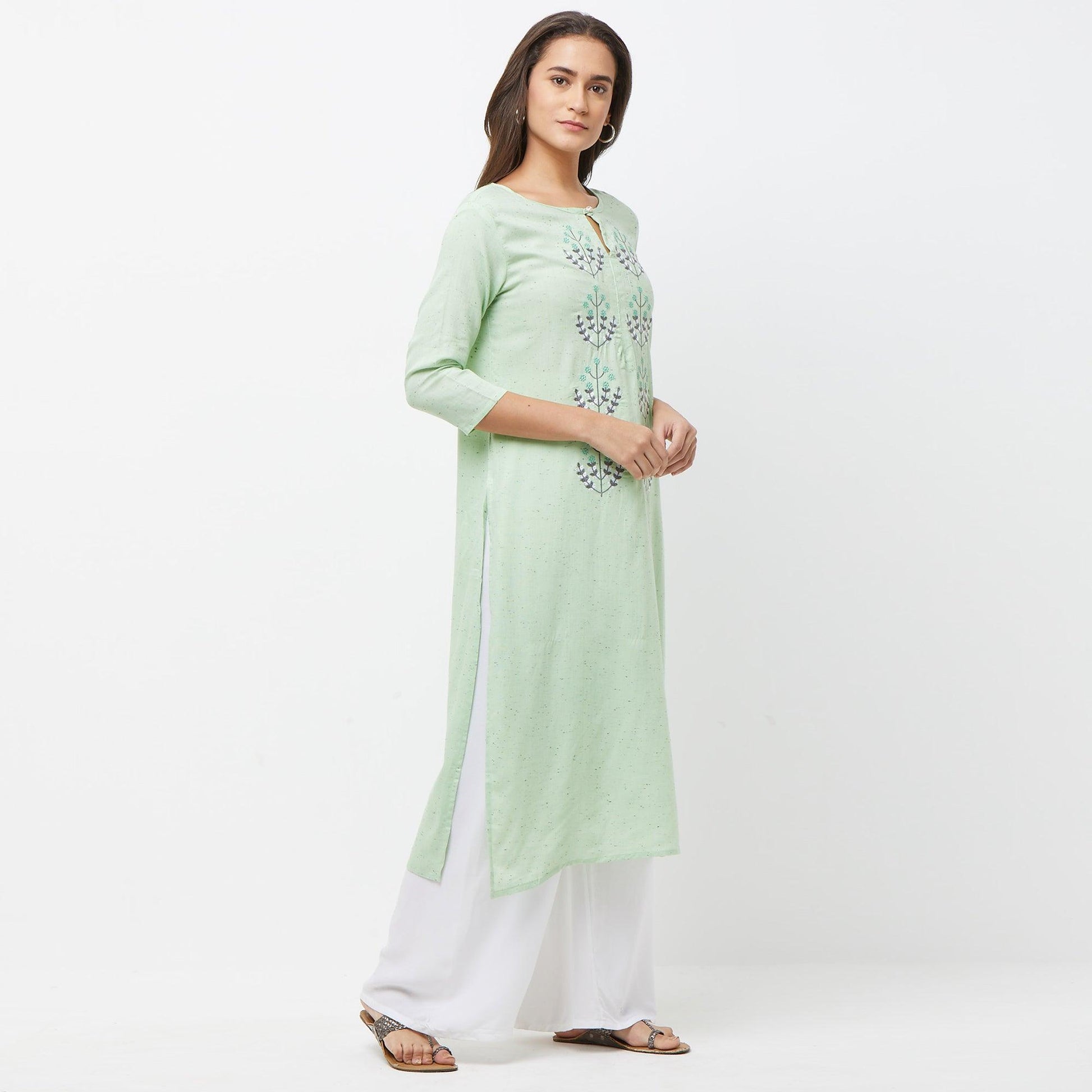 Engrossing Aqua Green Colored Partywear Embroidered Cotton Long Kurti