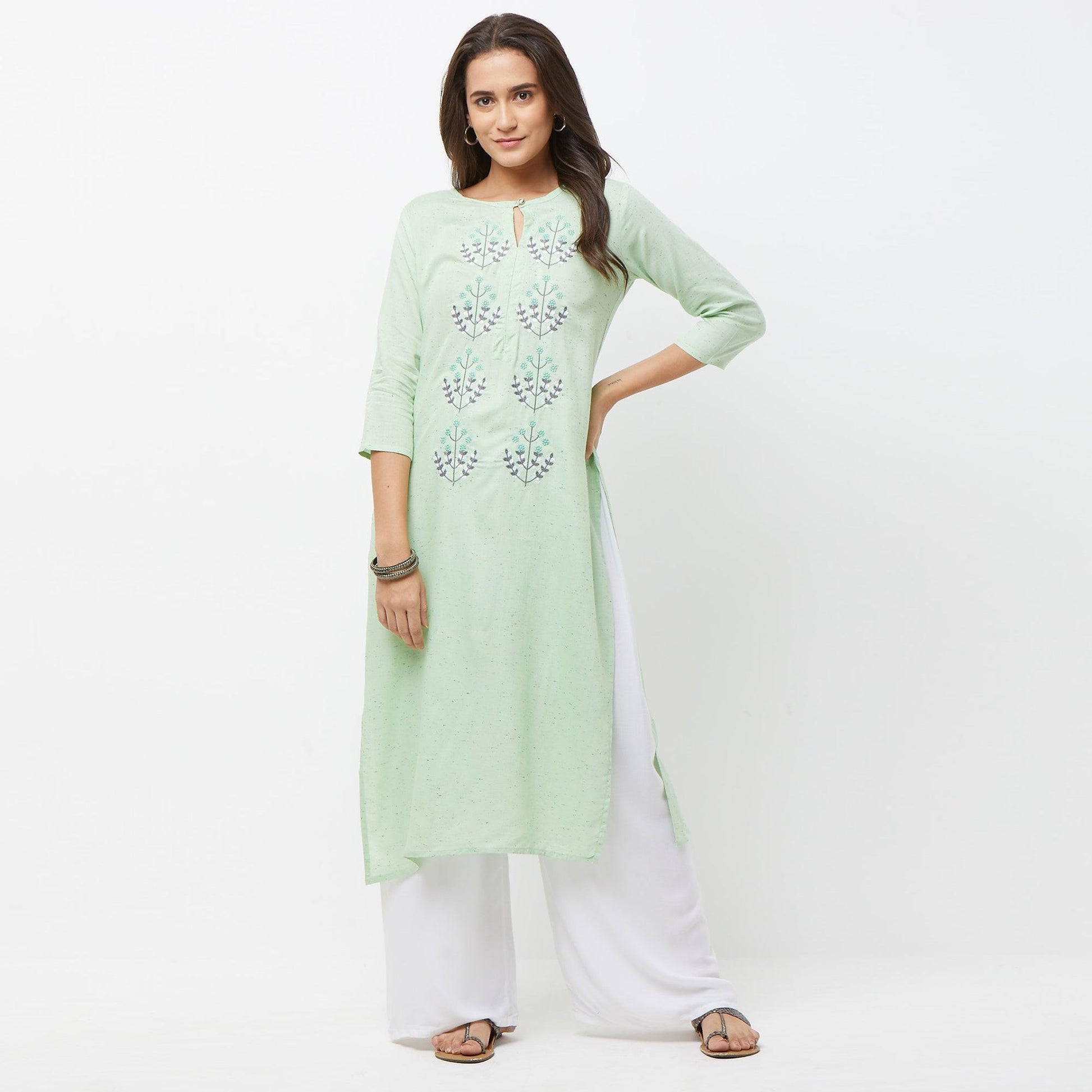 Engrossing Aqua Green Colored Partywear Embroidered Cotton Long Kurti