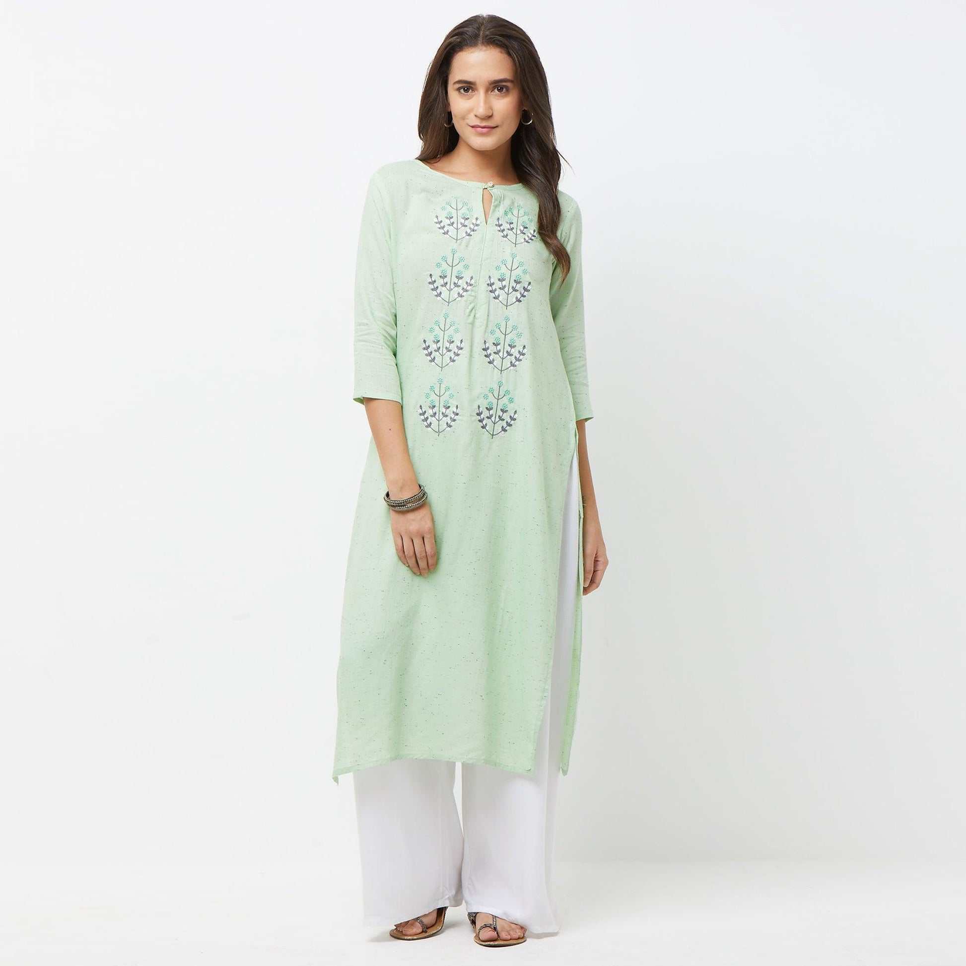 Engrossing Aqua Green Colored Partywear Embroidered Cotton Long Kurti