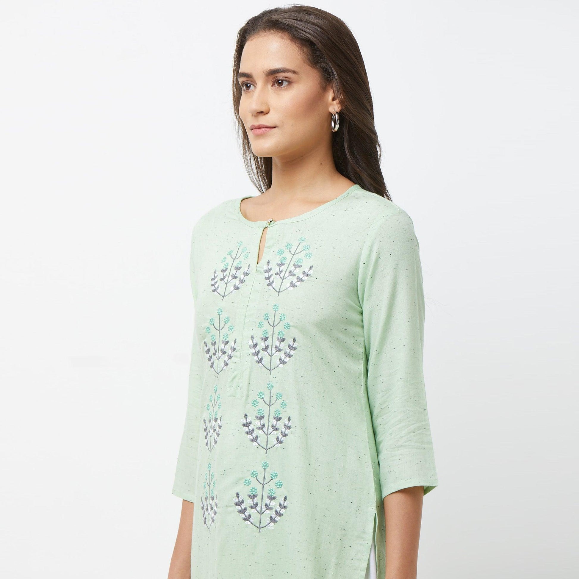 Engrossing Aqua Green Colored Partywear Embroidered Cotton Long Kurti