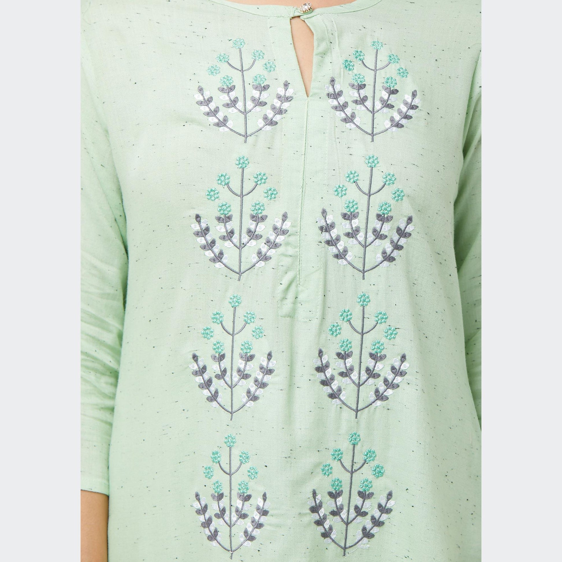 Engrossing Aqua Green Colored Partywear Embroidered Cotton Long Kurti