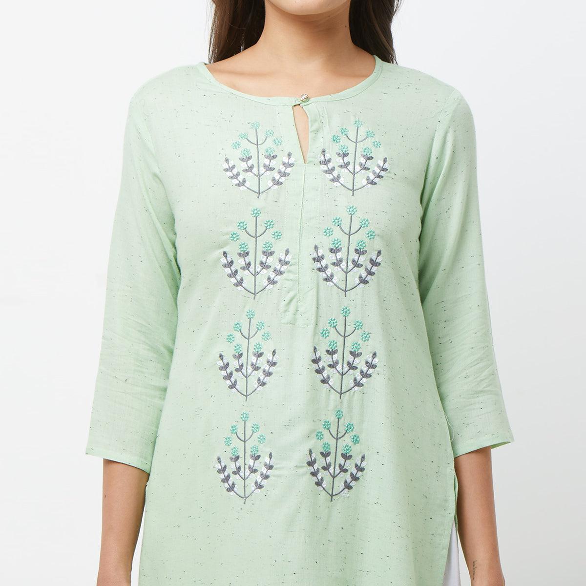 Engrossing Aqua Green Colored Partywear Embroidered Cotton Long Kurti