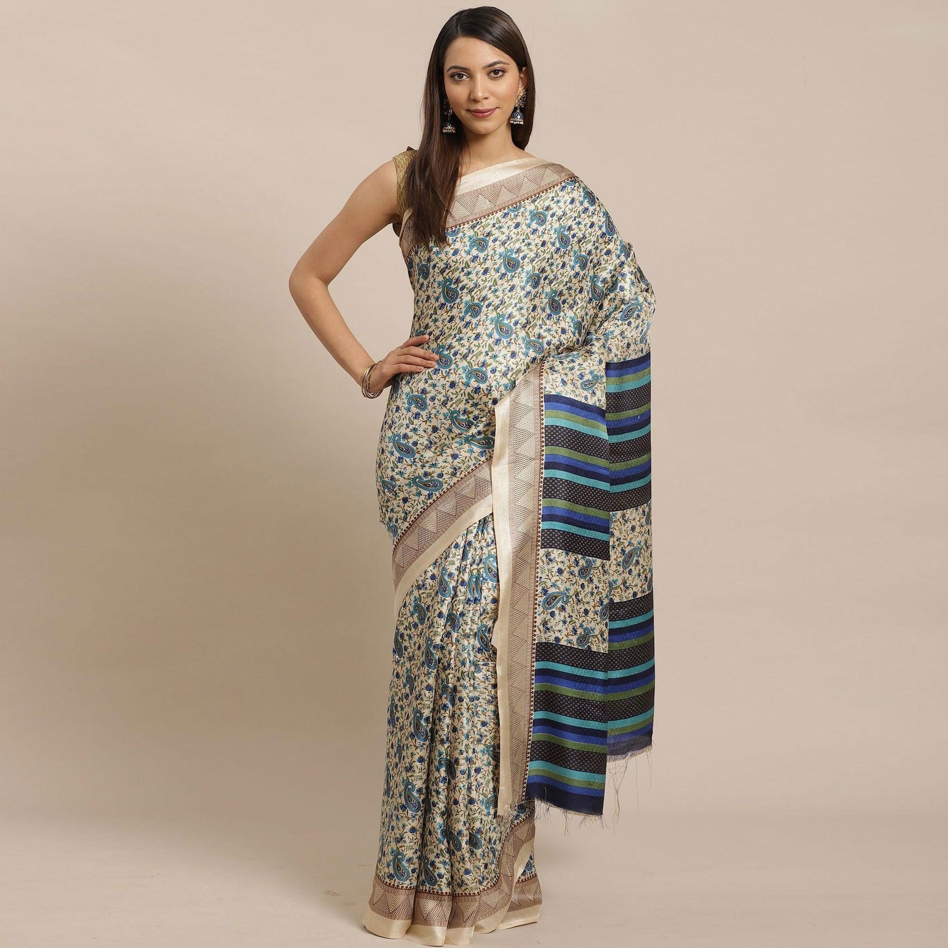 Engrossing Beige - Blue Colored Casual Wear Printed Silk blend Saree