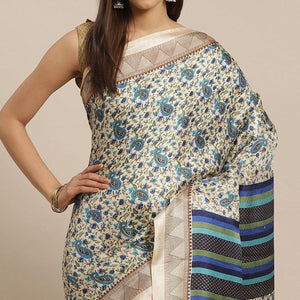 Engrossing Beige - Blue Colored Casual Wear Printed Silk blend Saree