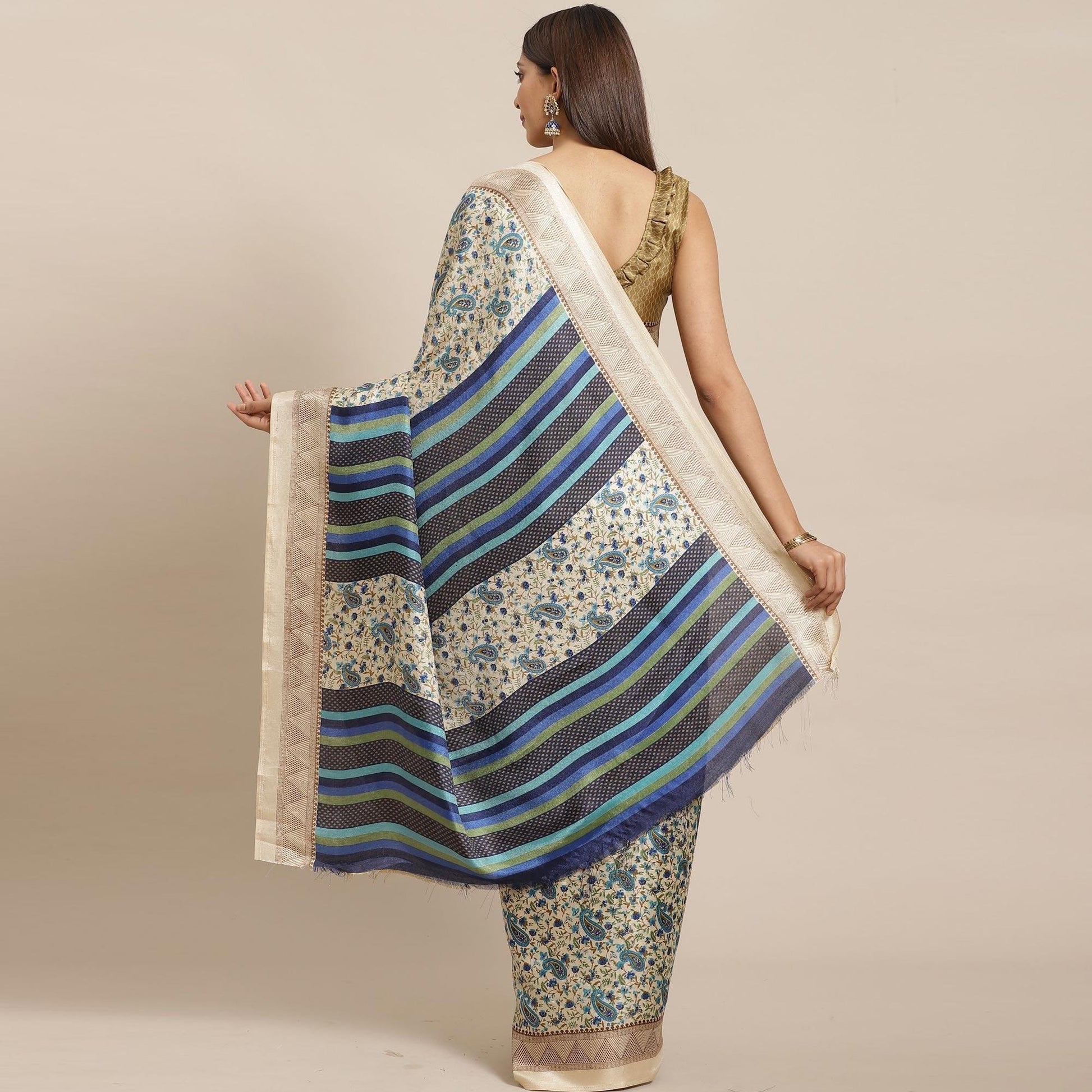Engrossing Beige - Blue Colored Casual Wear Printed Silk blend Saree