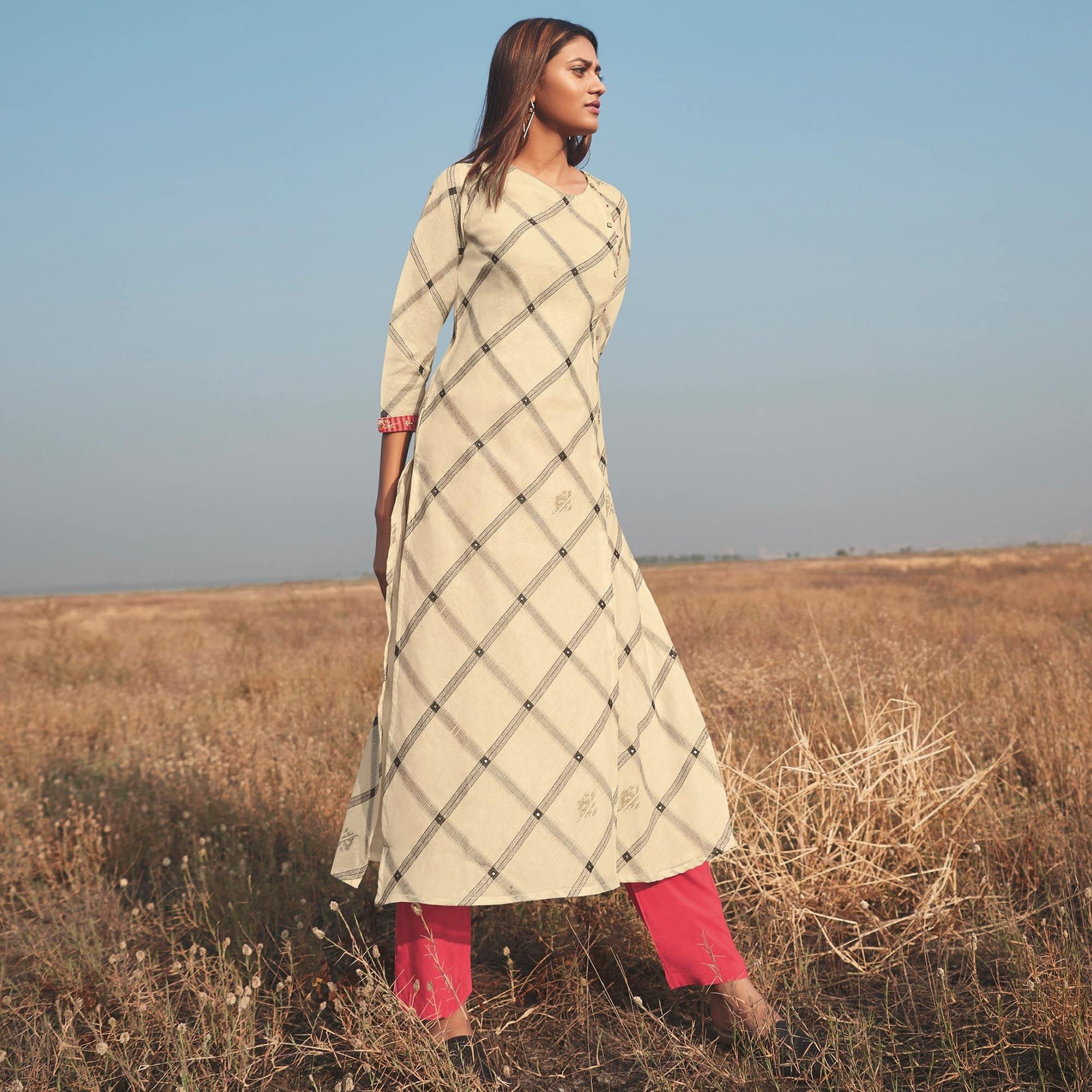 Engrossing Beige Colored Party Wear Handwork Handloom Cotton Kurti-Pant Set