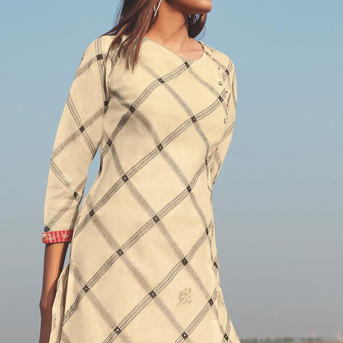 Engrossing Beige Colored Party Wear Handwork Handloom Cotton Kurti-Pant Set