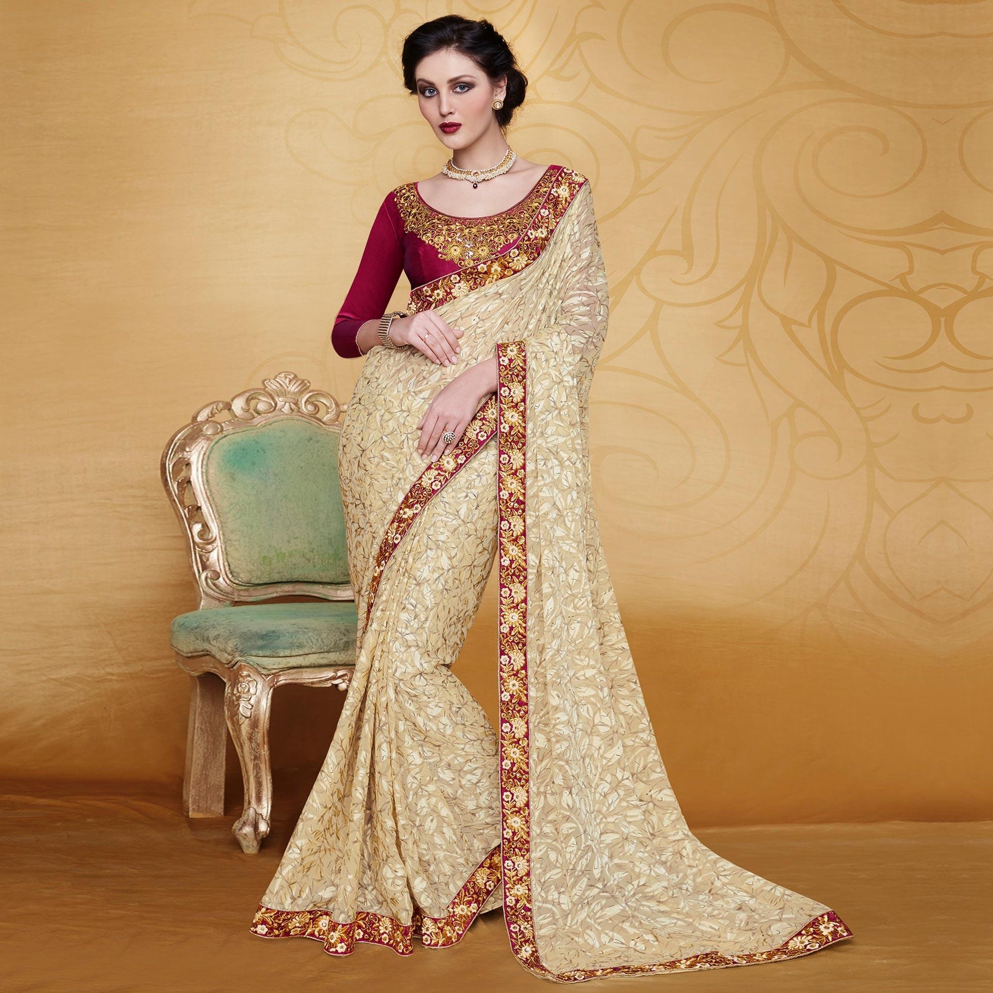 Engrossing Beige Colored Partywear Embroidered Brasso Saree
