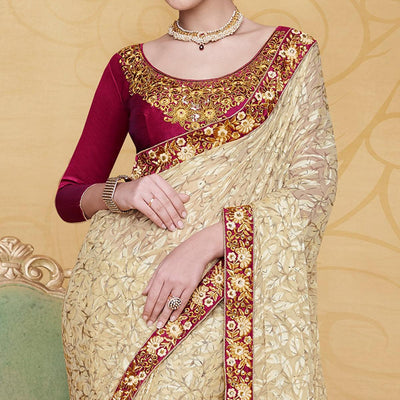 Engrossing Beige Colored Partywear Embroidered Brasso Saree