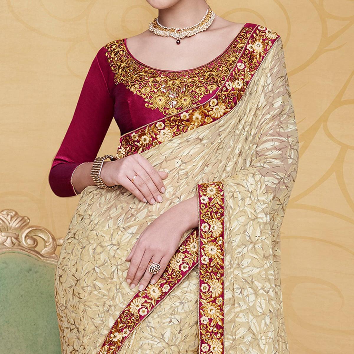 Engrossing Beige Colored Partywear Embroidered Brasso Saree
