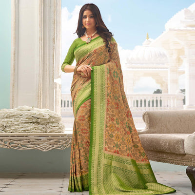Engrossing Beige - Green Colored Festive Wear Woven Pure Handloom Silk Saree