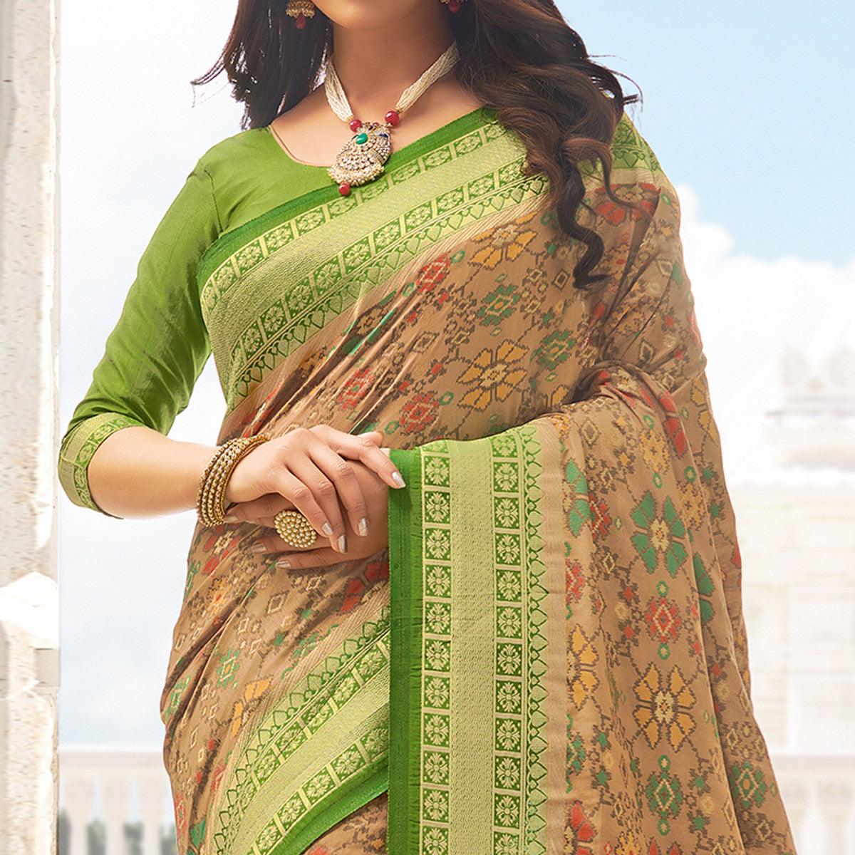 Engrossing Beige - Green Colored Festive Wear Woven Pure Handloom Silk Saree