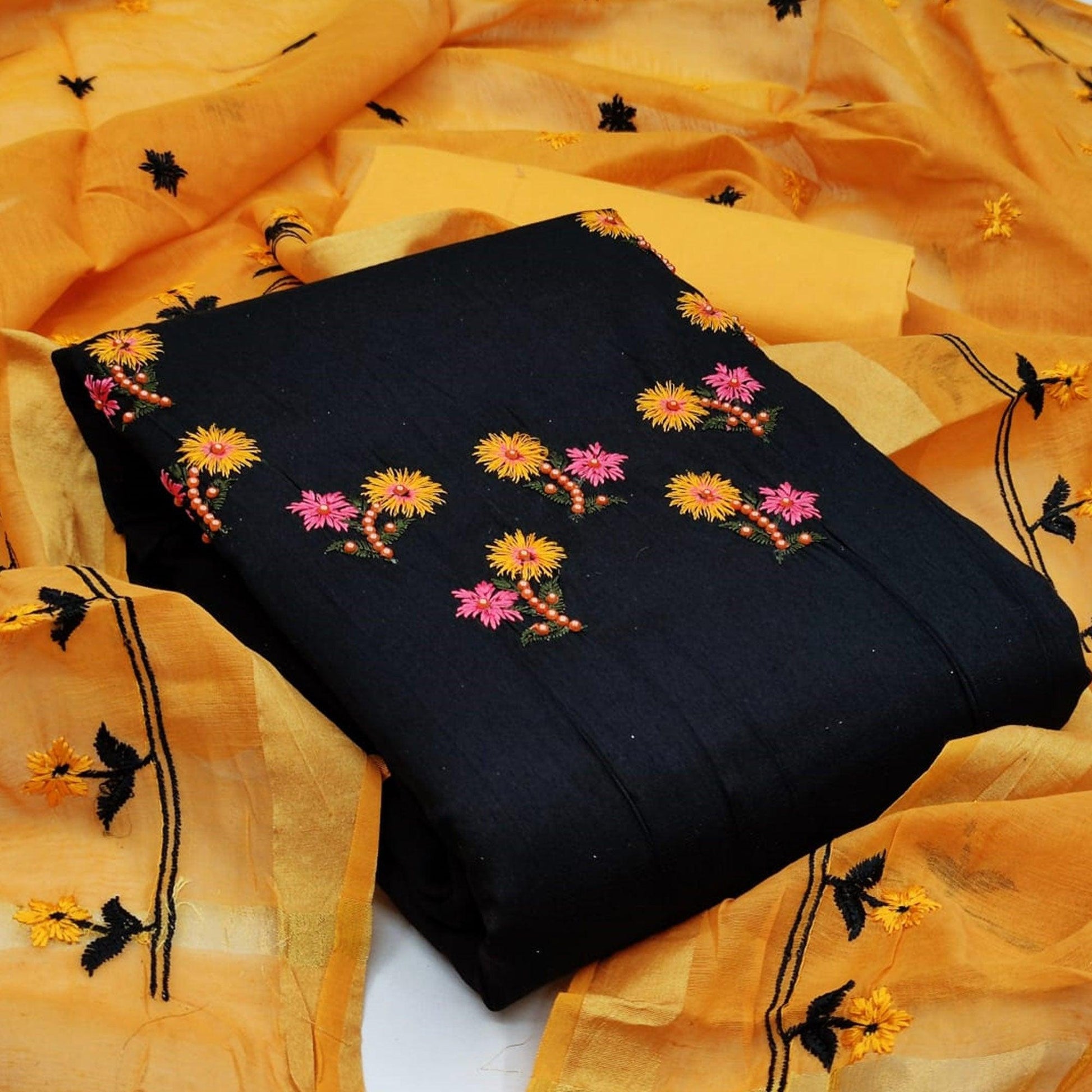 Engrossing Black Colored Casual Wear Embroidered Cotton Dress Material