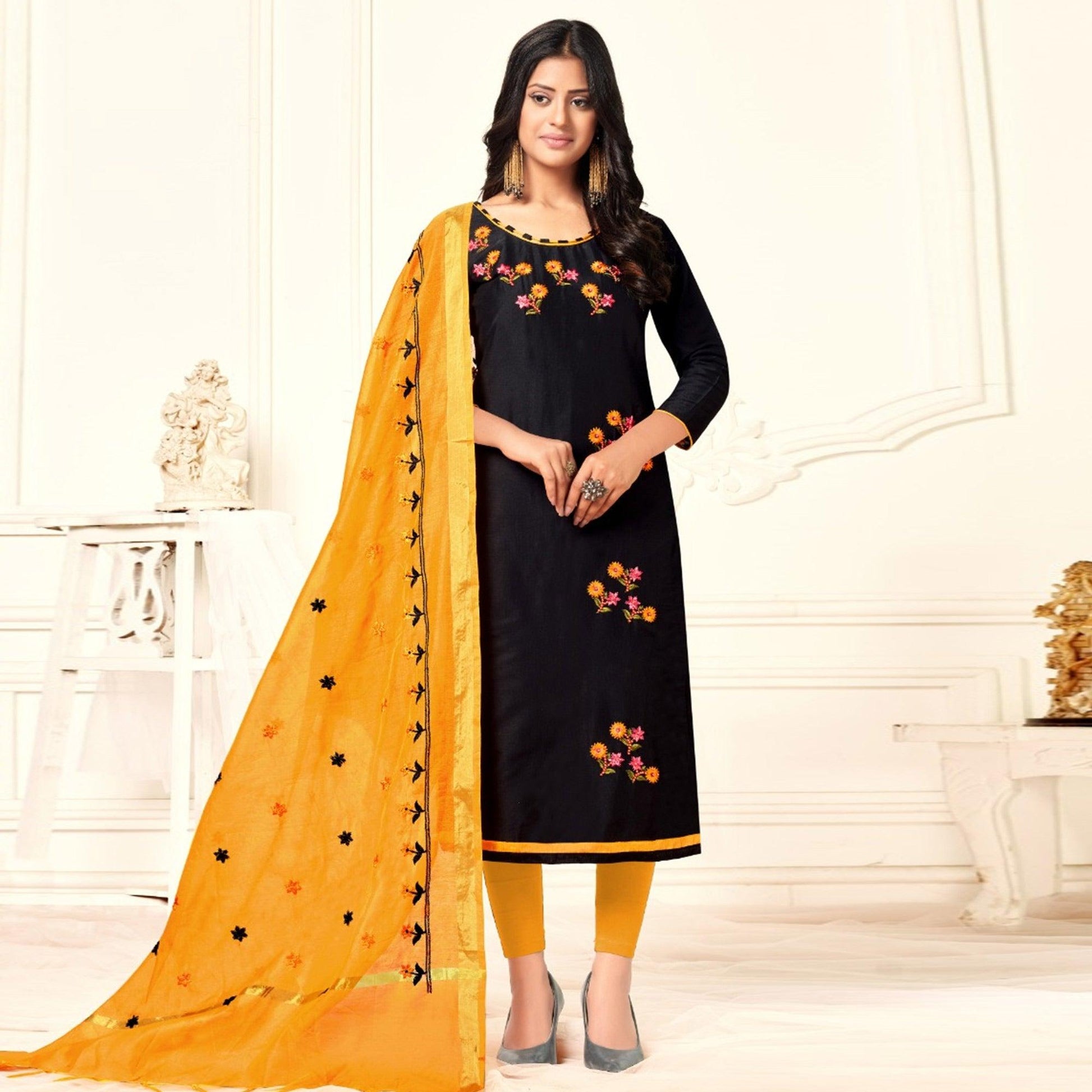 Engrossing Black Colored Casual Wear Embroidered Cotton Dress Material
