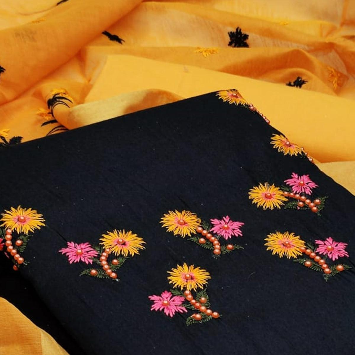 Engrossing Black Colored Casual Wear Embroidered Cotton Dress Material