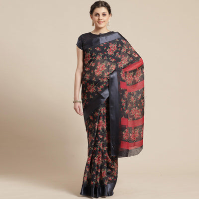 Engrossing Black Colored Casual Wear Floral Printed Cotton Silk Saree