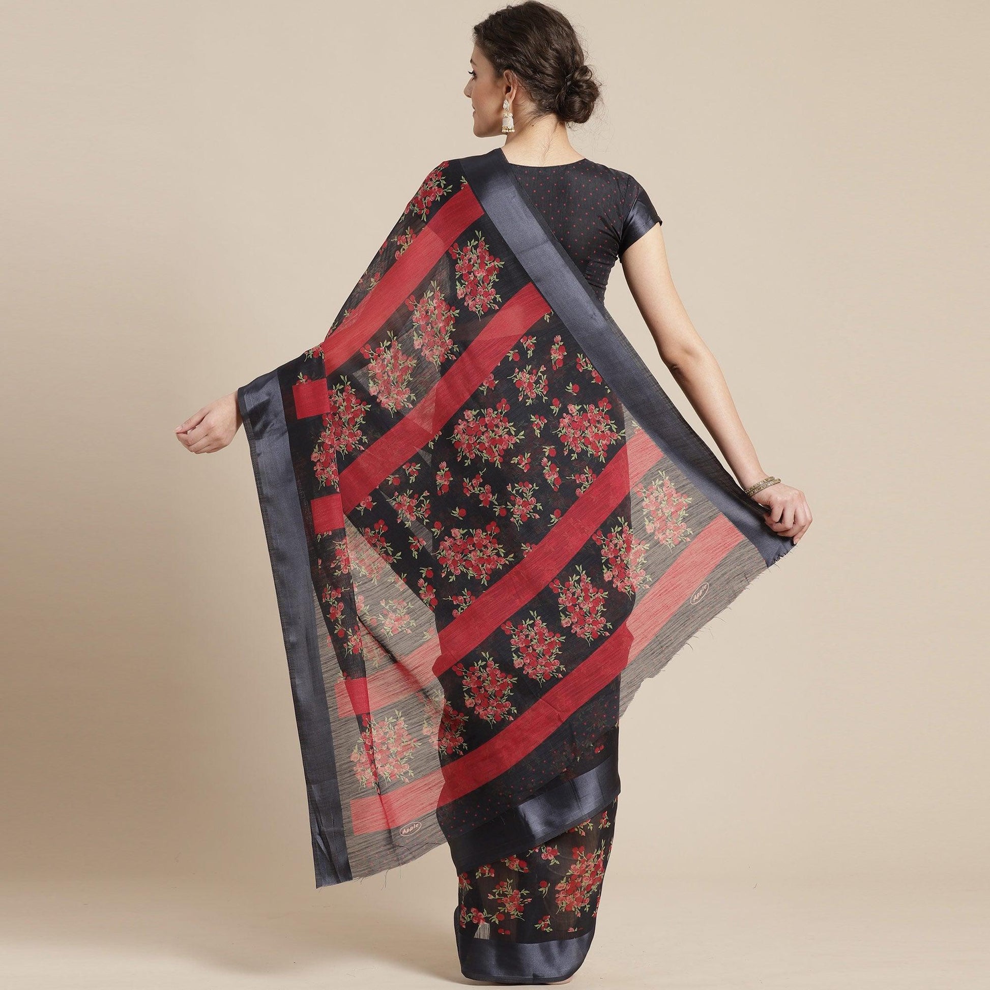 Engrossing Black Colored Casual Wear Floral Printed Cotton Silk Saree
