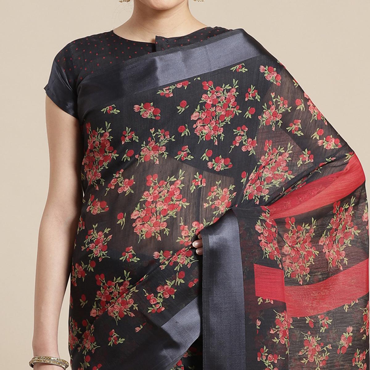 Engrossing Black Colored Casual Wear Floral Printed Cotton Silk Saree