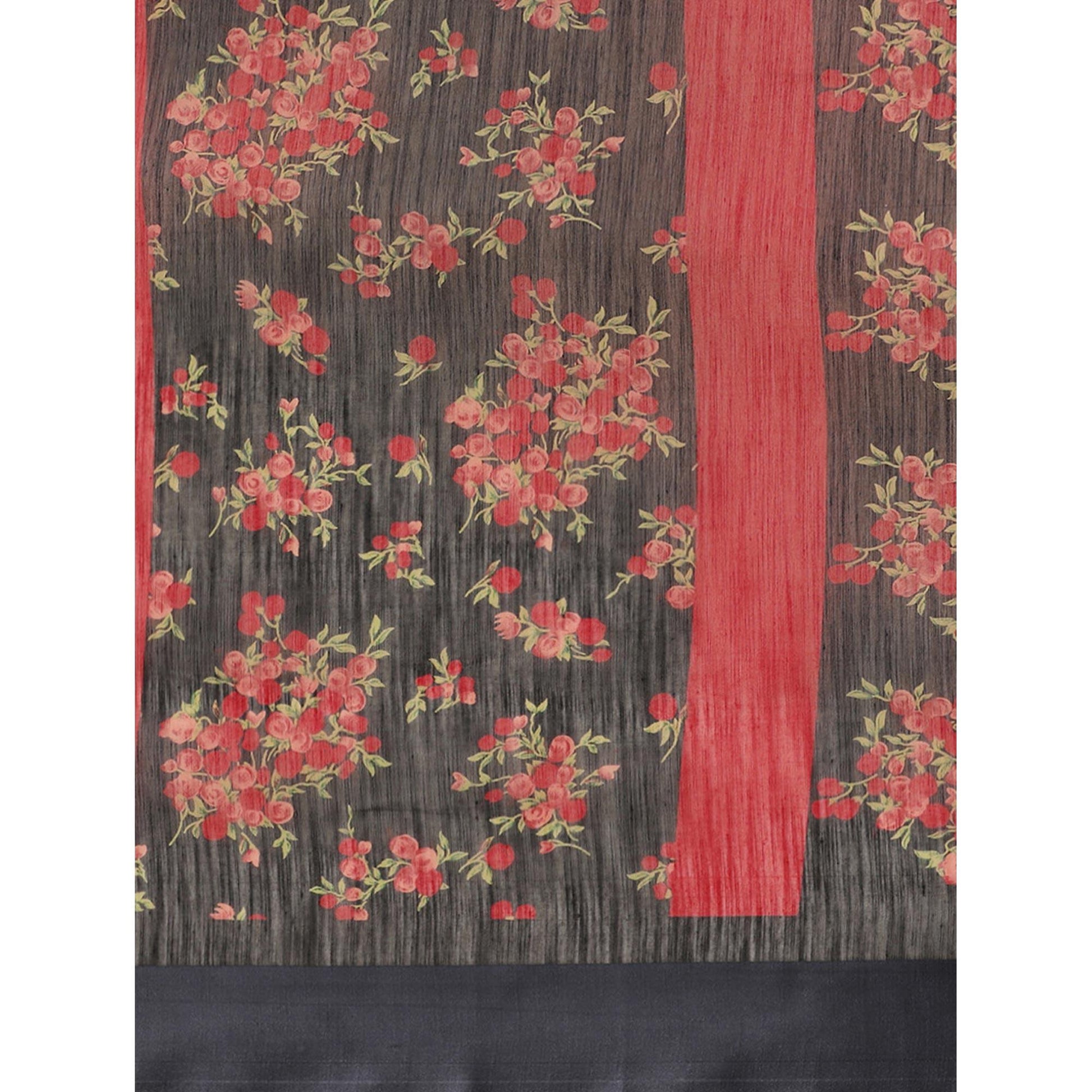 Engrossing Black Colored Casual Wear Floral Printed Cotton Silk Saree