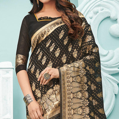 Engrossing Black Colored Festive Wear Woven Cotton Handloom Saree