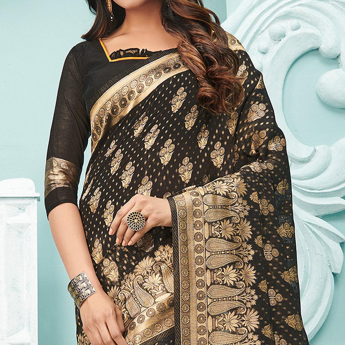 Engrossing Black Colored Festive Wear Woven Cotton Handloom Saree