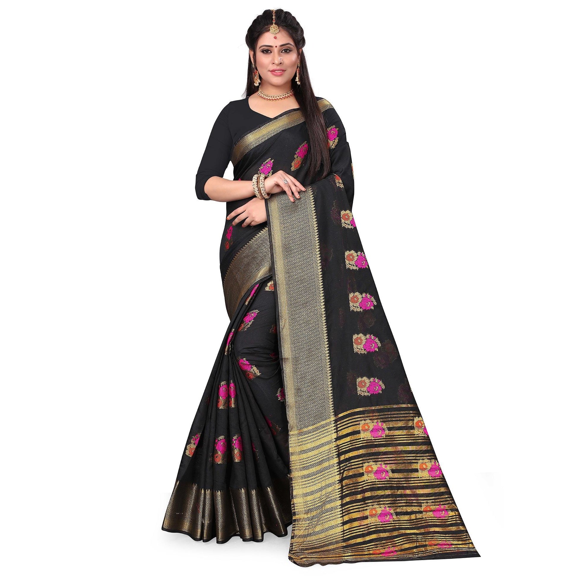 Engrossing Black Colored Festive Wear Woven Cotton Silk Saree