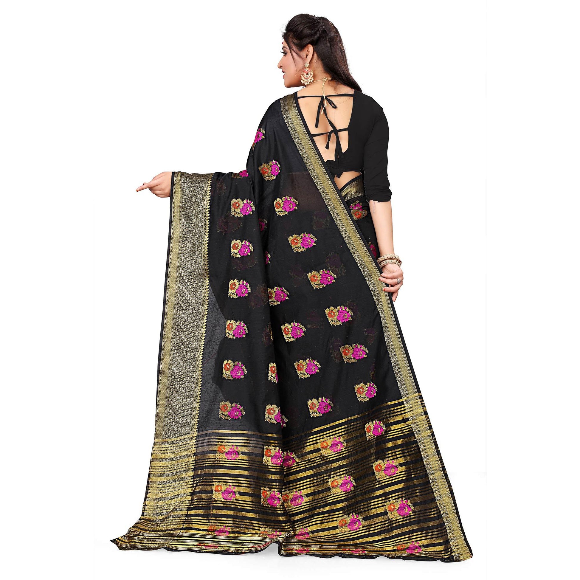Engrossing Black Colored Festive Wear Woven Cotton Silk Saree