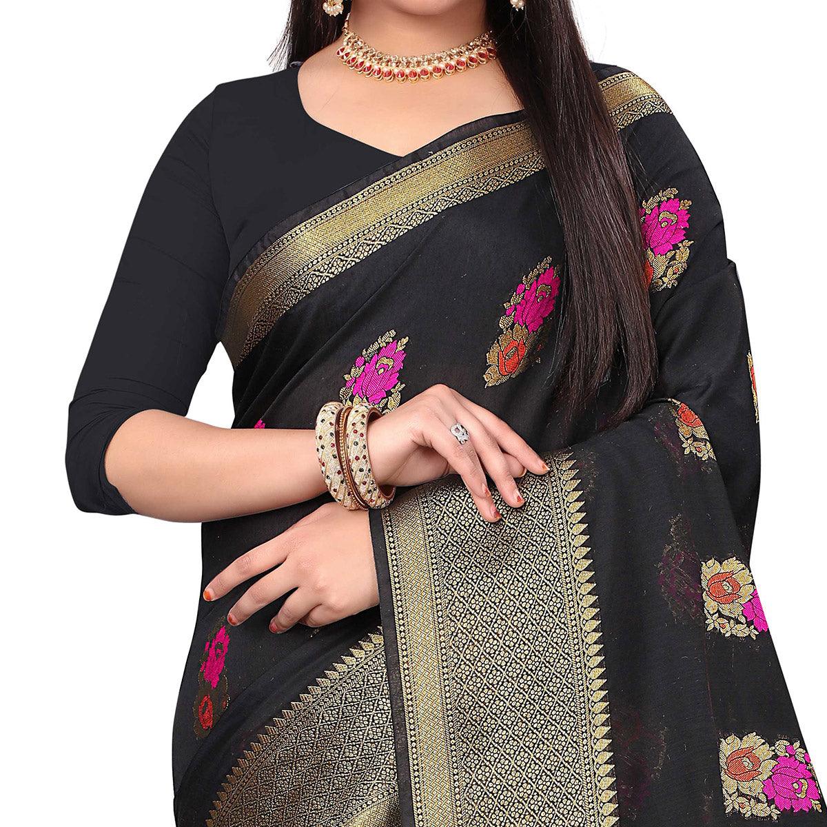 Engrossing Black Colored Festive Wear Woven Cotton Silk Saree