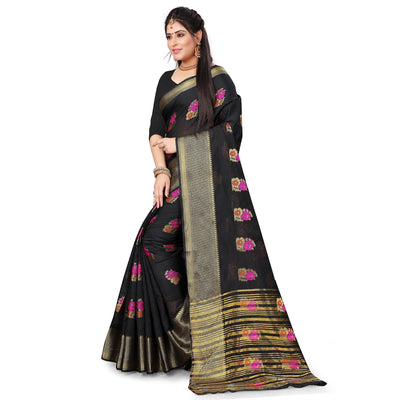 Engrossing Black Colored Festive Wear Woven Cotton Silk Saree